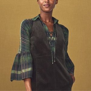 *SOLD* Worth Bottle Green Wide Wale Corduroy Cut Out Back Jumper Pinafore Dress